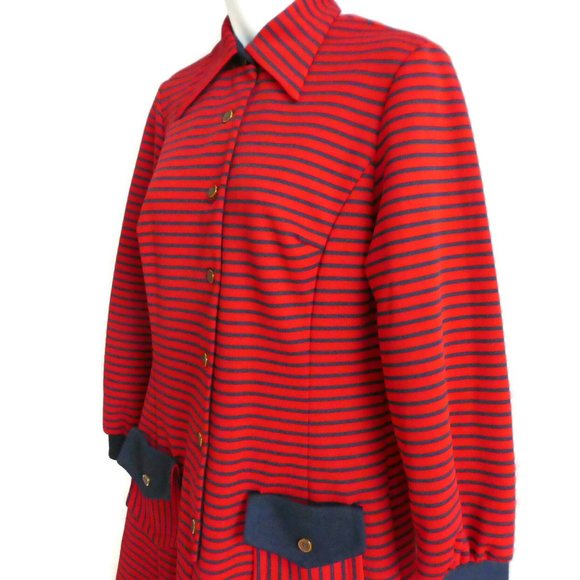 Vintage Dresses & Skirts - Vintage 60s Parkshire Dress Double Knit Stripes Mod Red Navy Pockets Dagger M L